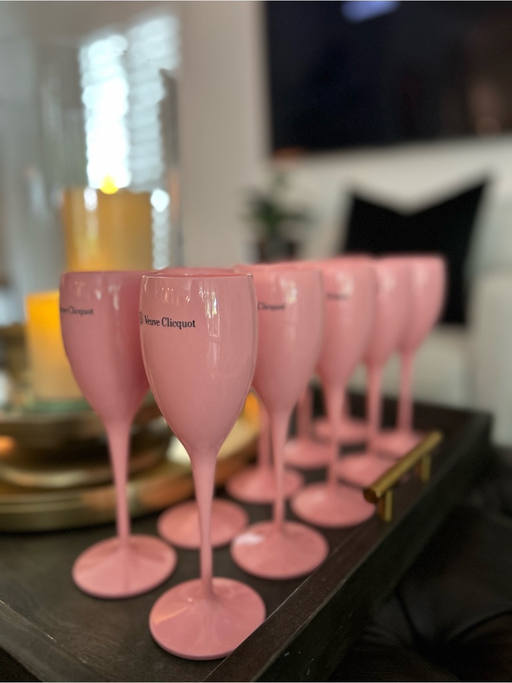Veuve Cliquot Pink Acrylic Champagne Flutes - Set of 12 - Pink Stemmed Glasses
